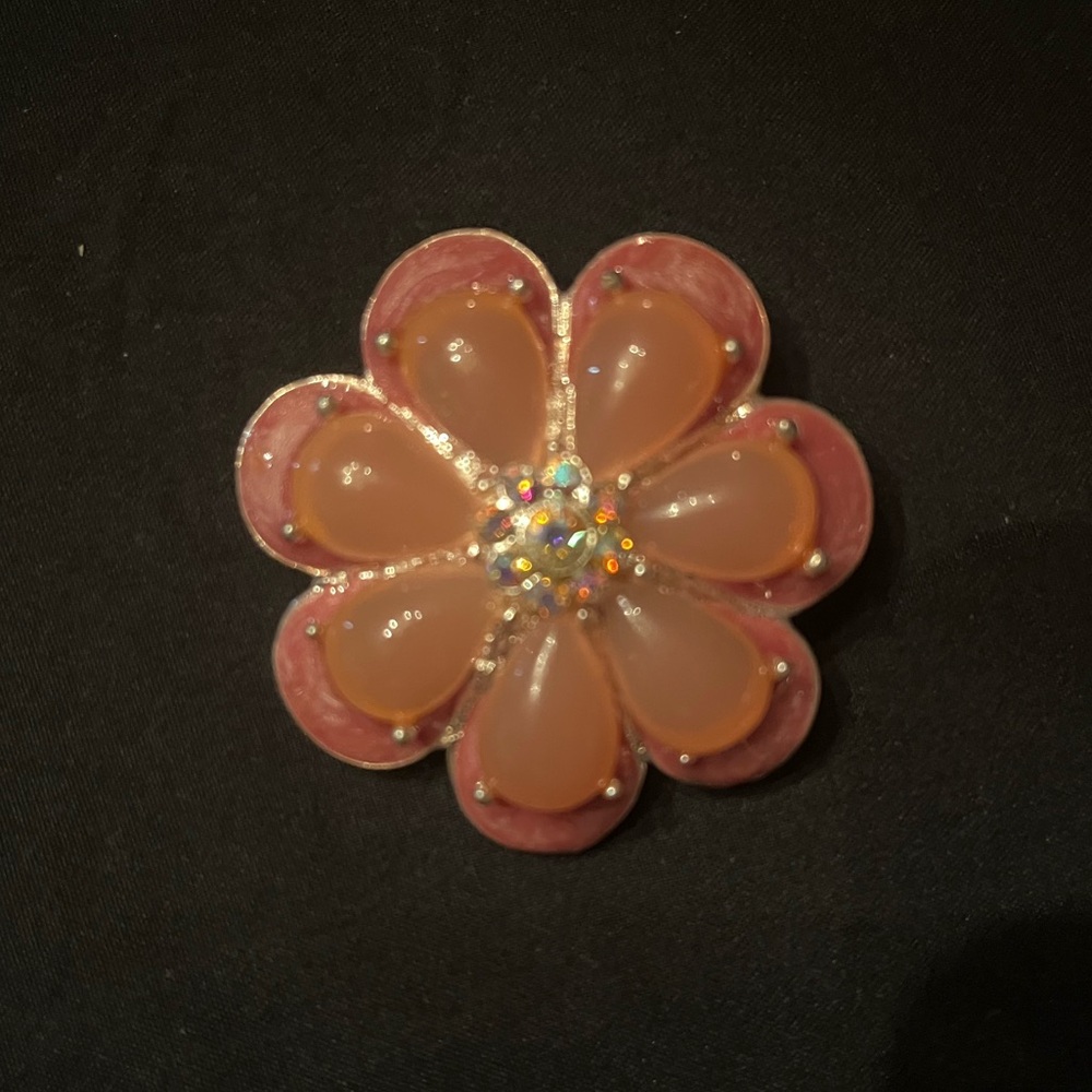 Vintage Peachy Pink Flower Enamel Brooch with rhinestones